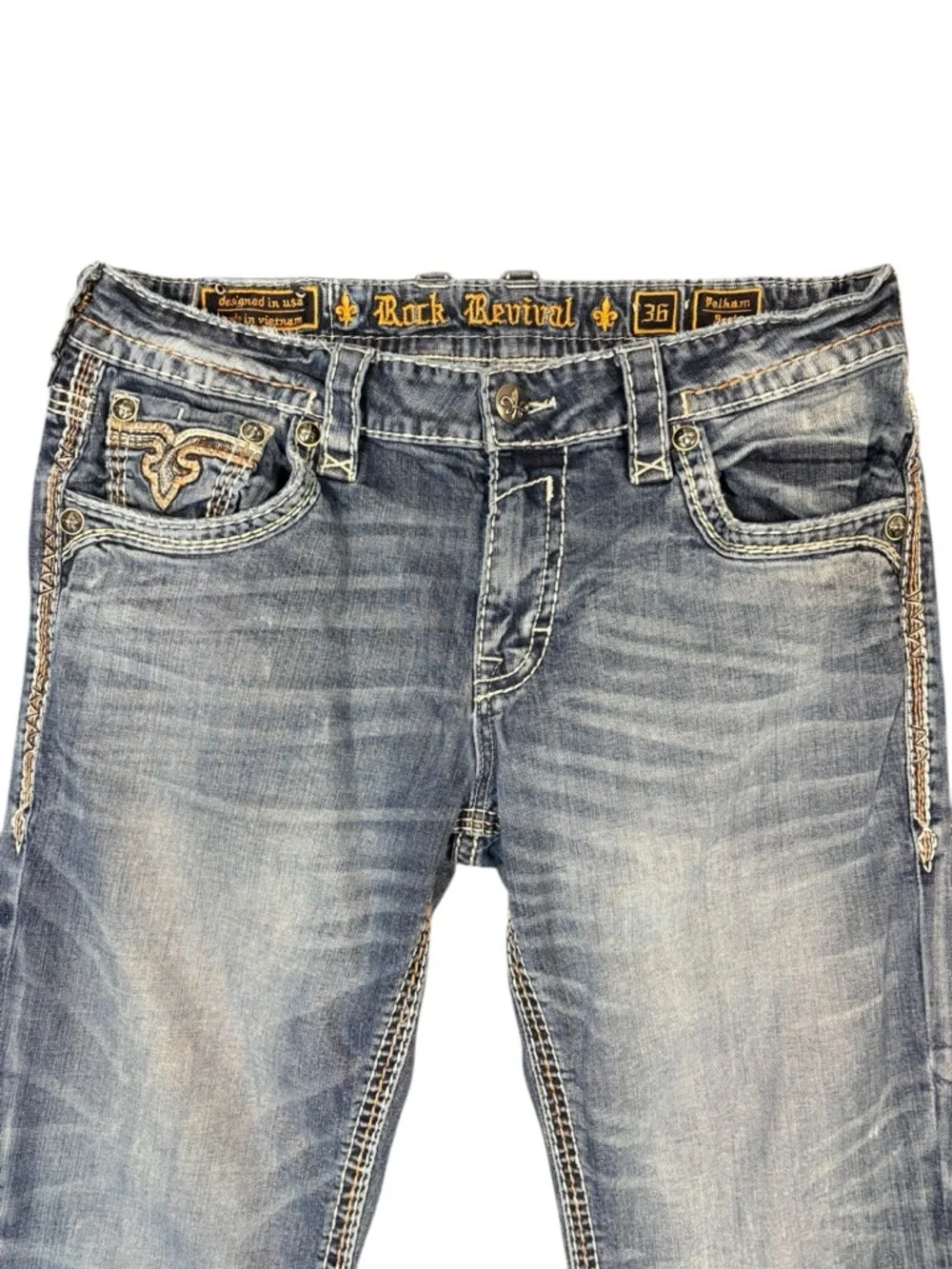 Rock Revival Jeans Sz36 Bootcut Distressed Fleur De Lis Embroidered Thick Stitch - Picture 3 of 16